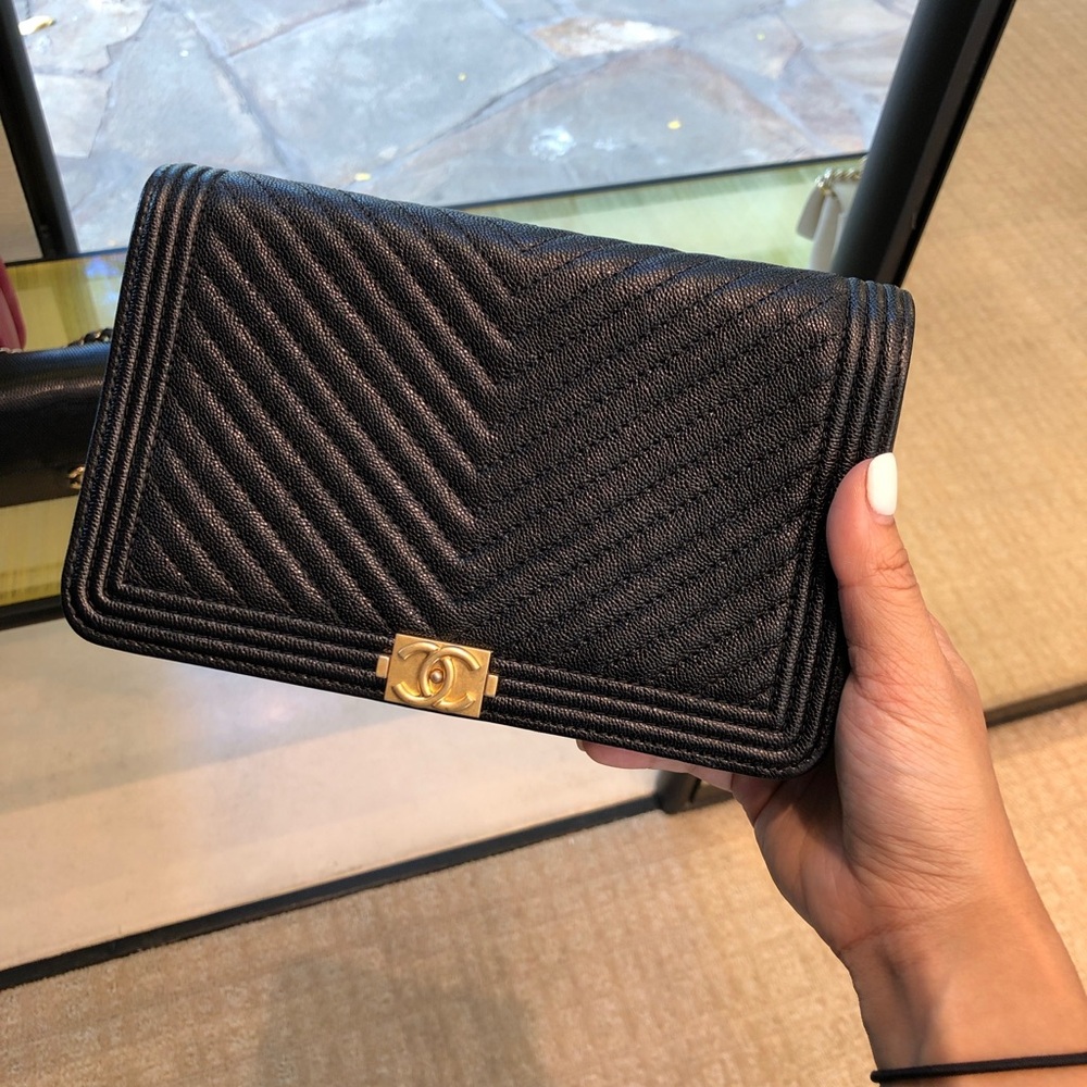 CHANEL WOC Black Chevron Boy Clutch